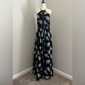 DB STUDIO Printed Chiffon Halter A-Line with Illusion Detail